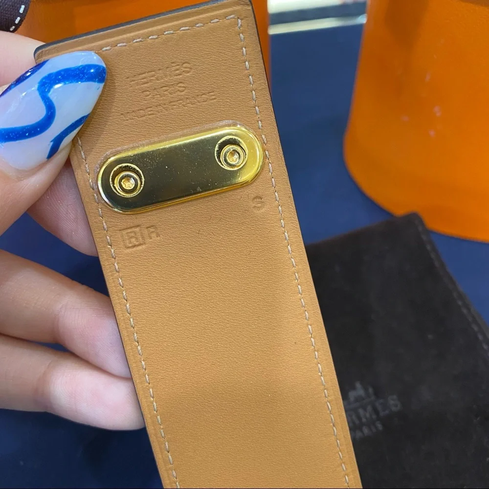 HERMES Rouge H Box Leather Gold Plated Intense cuff Bracelet Small - Picture 4 of 12